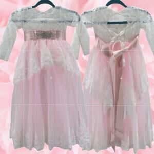 FLOWER GIRL'S PARTY DRESS 4-5y white pink long sleeve lace maxi dress NEW B75